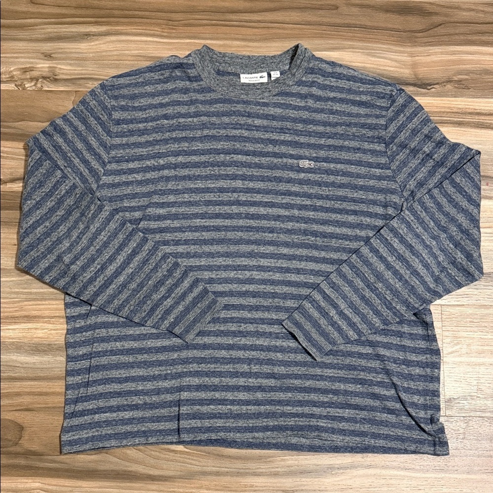 Lacoste Striped Long Sleeve Tee Men's Size 3XL Cotton Blend Grey Navy Heather